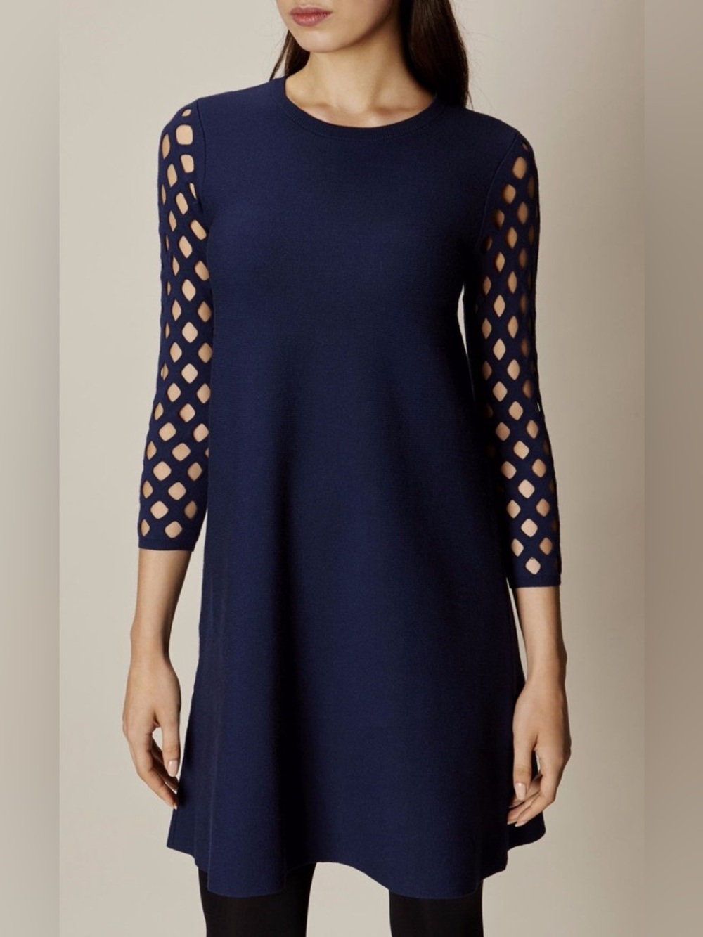 Karen Millen Navy Blue A Line Dress Open Knit Sleeve Size S Office Workwear